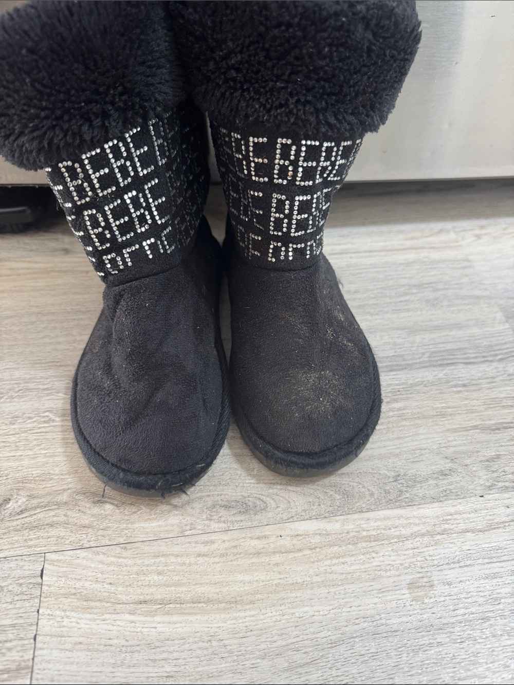 Kids Black Faux Suede Boots with Rhinestone Logo